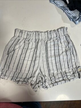 Striped White and Gray Women's Elastic Waist linen Shorts